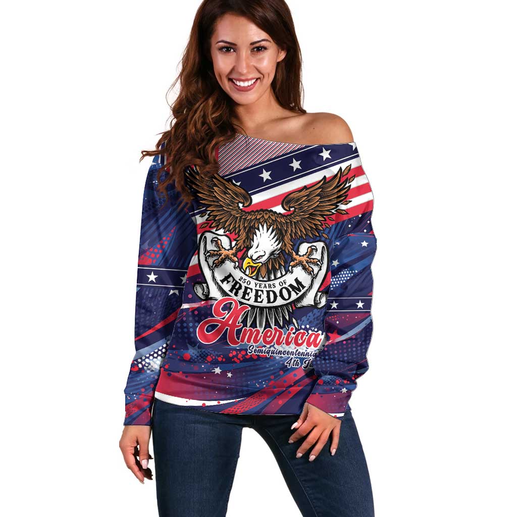 250 Years Of Service Off Shoulder Sweater Semiquincentennial USA Patriotic 4th Of July - Wonder Print Shop