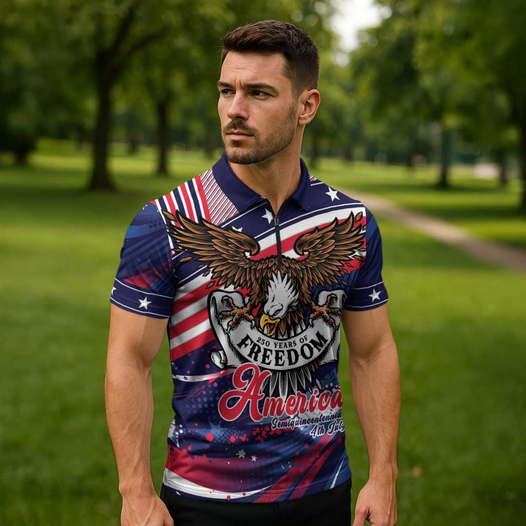 250 Years Of Service Zipper Polo Shirt Semiquincentennial USA Patriotic 4th Of July - Wonder Print Shop