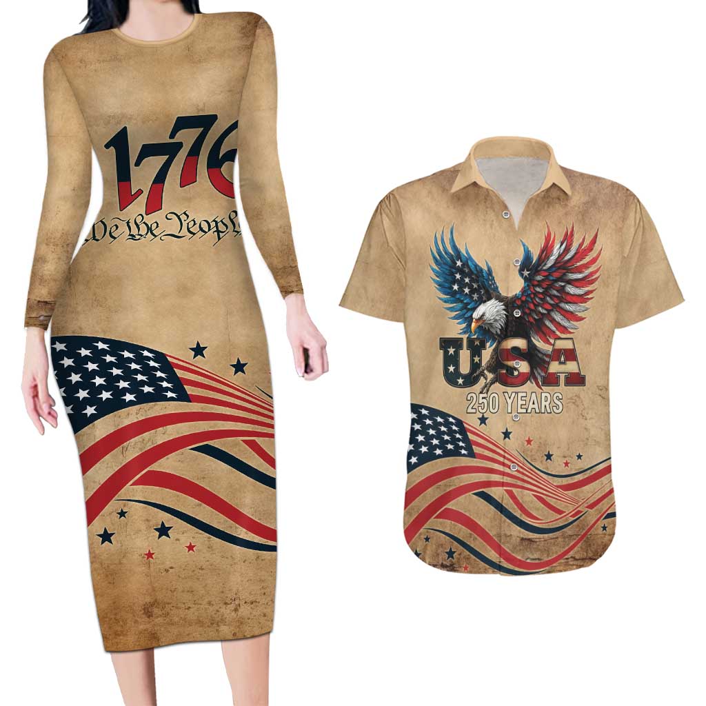 America 250th Anniversary Couples Matching Long Sleeve Bodycon Dress and Hawaiian Shirt Eagle Us Flag July 4Th - Wonder Print Shop
