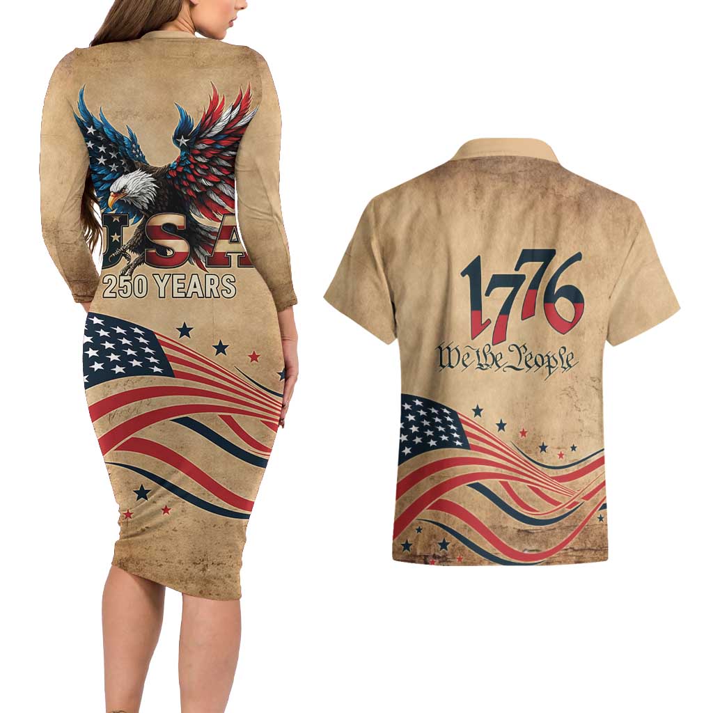 America 250th Anniversary Couples Matching Long Sleeve Bodycon Dress and Hawaiian Shirt Eagle Us Flag July 4Th - Wonder Print Shop