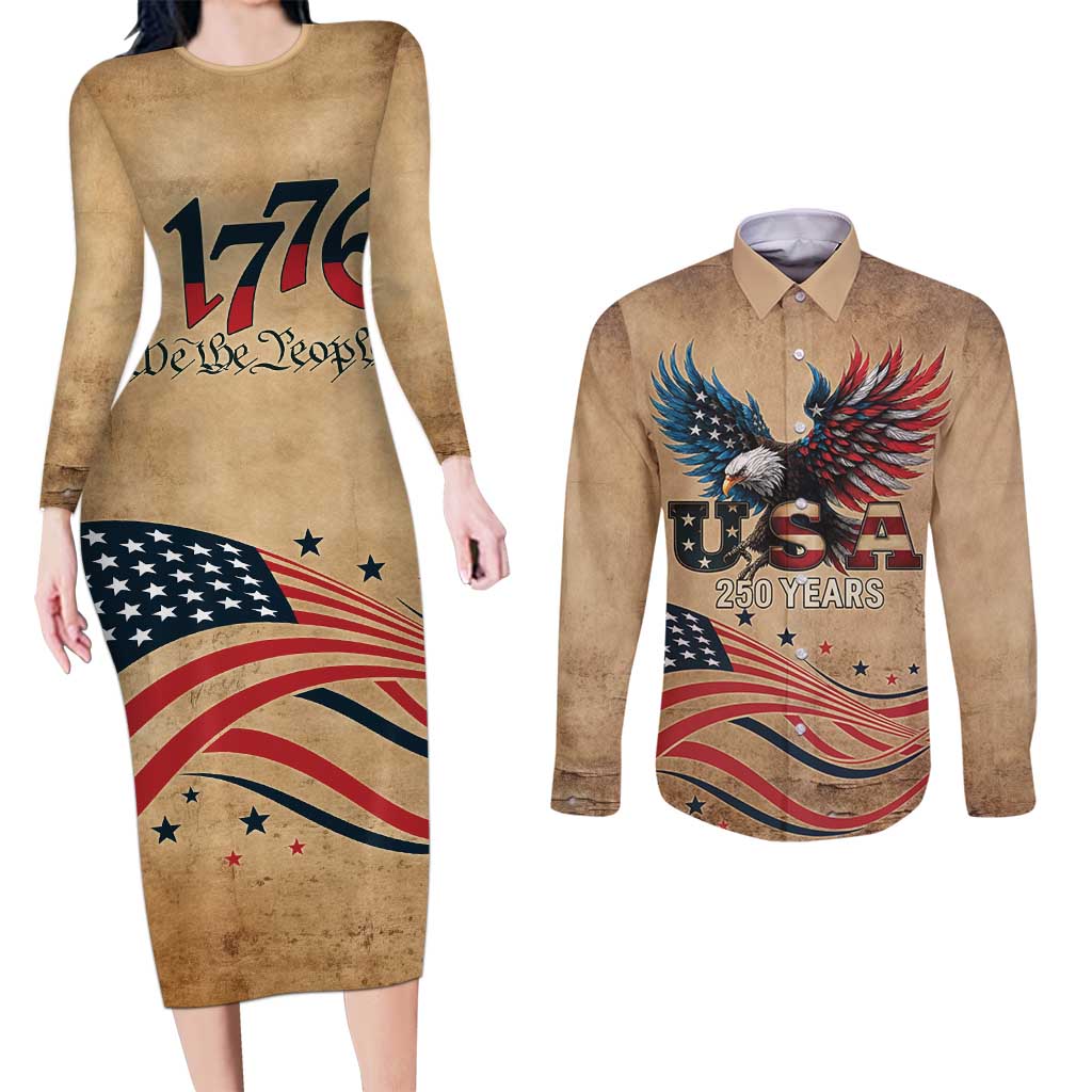 America 250th Anniversary Couples Matching Long Sleeve Bodycon Dress and Long Sleeve Button Shirt Eagle Us Flag July 4Th - Wonder Print Shop