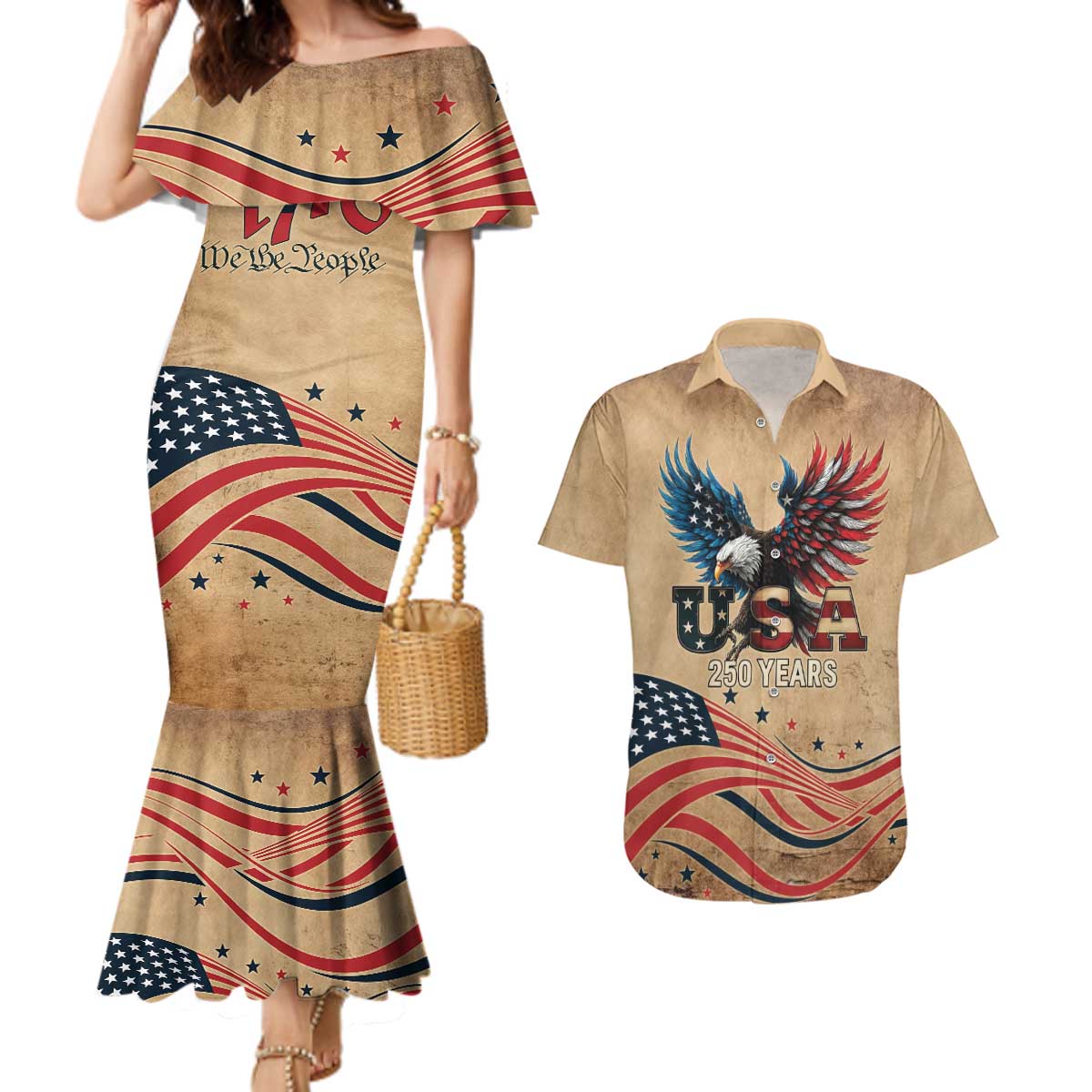 America 250th Anniversary Couples Matching Mermaid Dress and Hawaiian Shirt Eagle Us Flag July 4Th - Wonder Print Shop