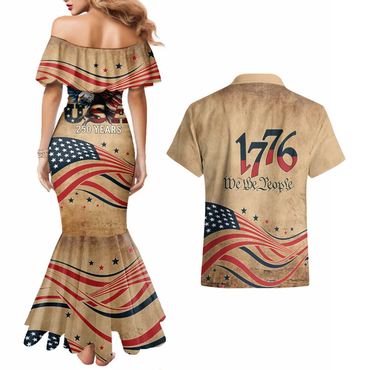 America 250th Anniversary Couples Matching Mermaid Dress and Hawaiian Shirt Eagle Us Flag July 4Th - Wonder Print Shop
