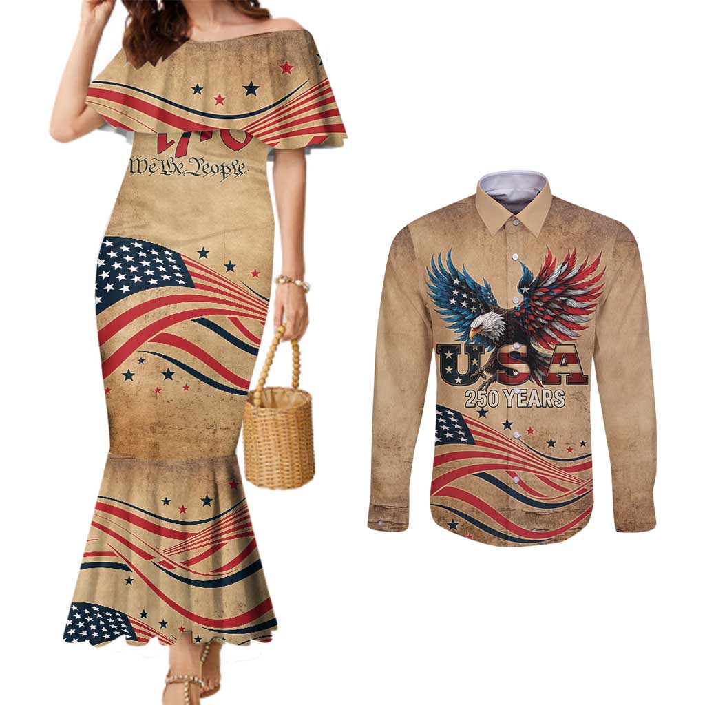 America 250th Anniversary Couples Matching Mermaid Dress and Long Sleeve Button Shirt Eagle Us Flag July 4Th - Wonder Print Shop