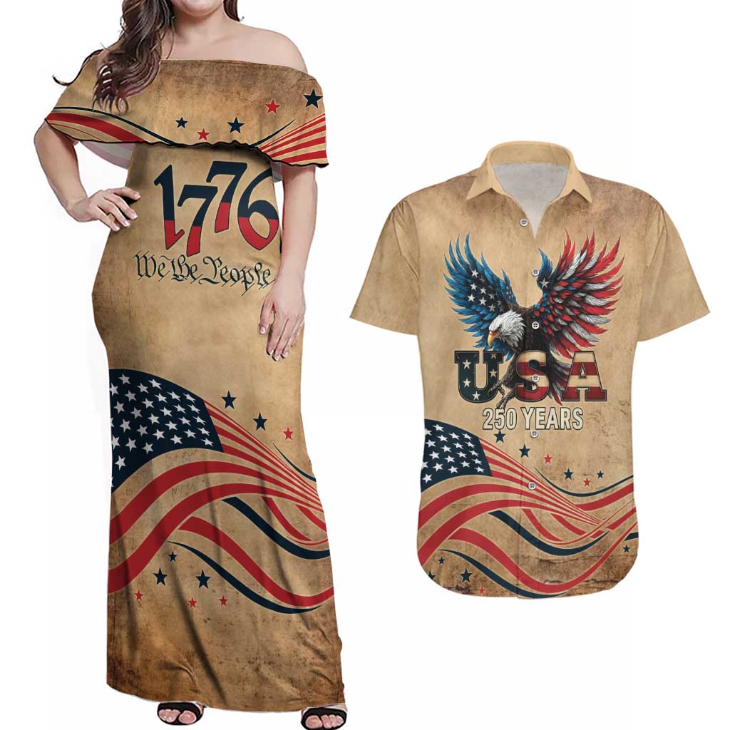 America 250th Anniversary Couples Matching Off Shoulder Maxi Dress and Hawaiian Shirt Eagle Us Flag July 4Th - Wonder Print Shop