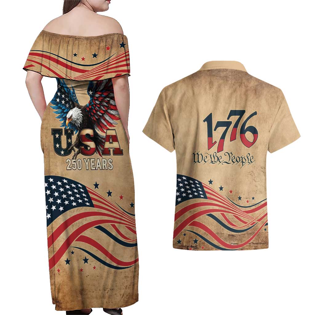 America 250th Anniversary Couples Matching Off Shoulder Maxi Dress and Hawaiian Shirt Eagle Us Flag July 4Th - Wonder Print Shop