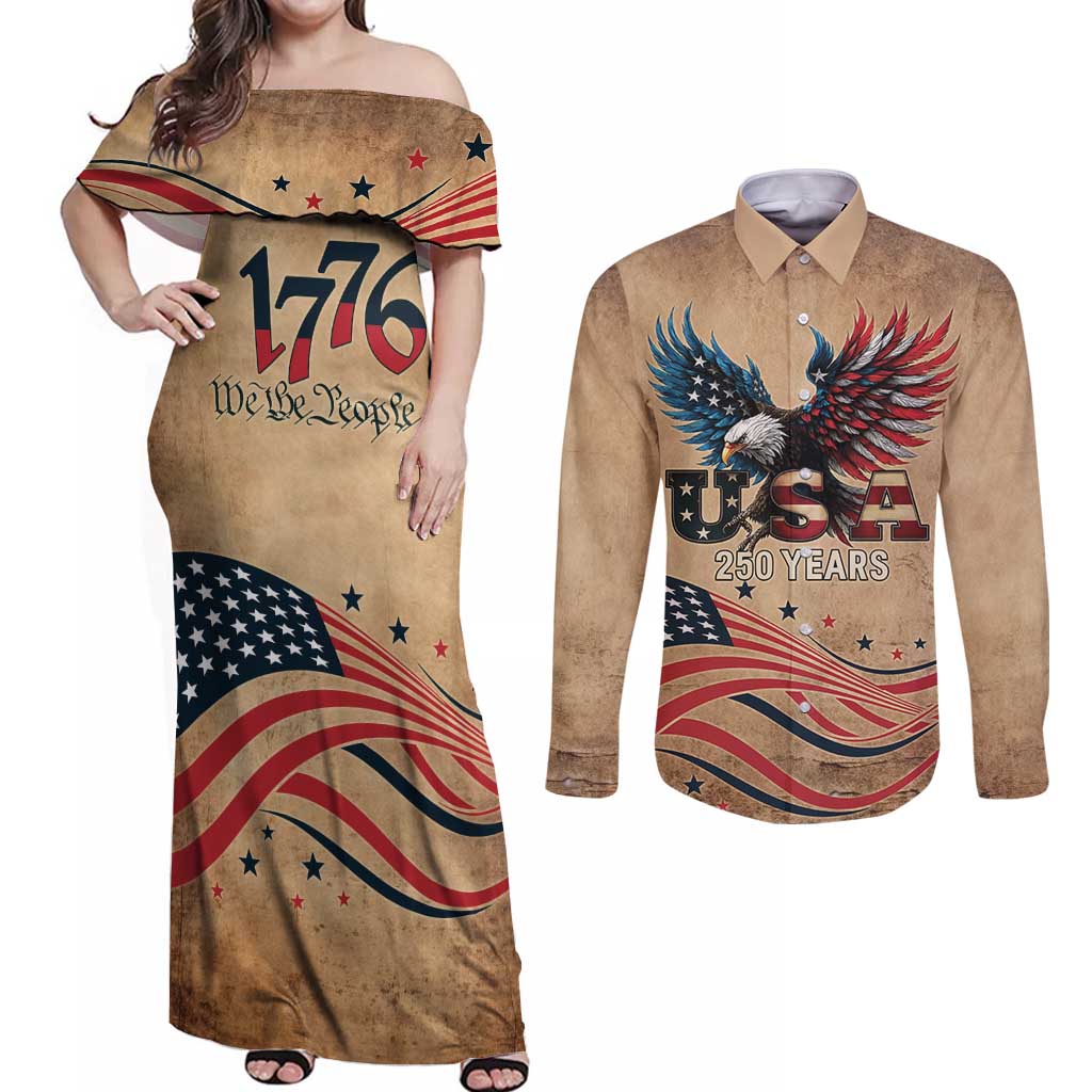 America 250th Anniversary Couples Matching Off Shoulder Maxi Dress and Long Sleeve Button Shirt Eagle Us Flag July 4Th - Wonder Print Shop