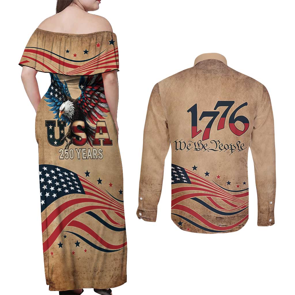 America 250th Anniversary Couples Matching Off Shoulder Maxi Dress and Long Sleeve Button Shirt Eagle Us Flag July 4Th - Wonder Print Shop