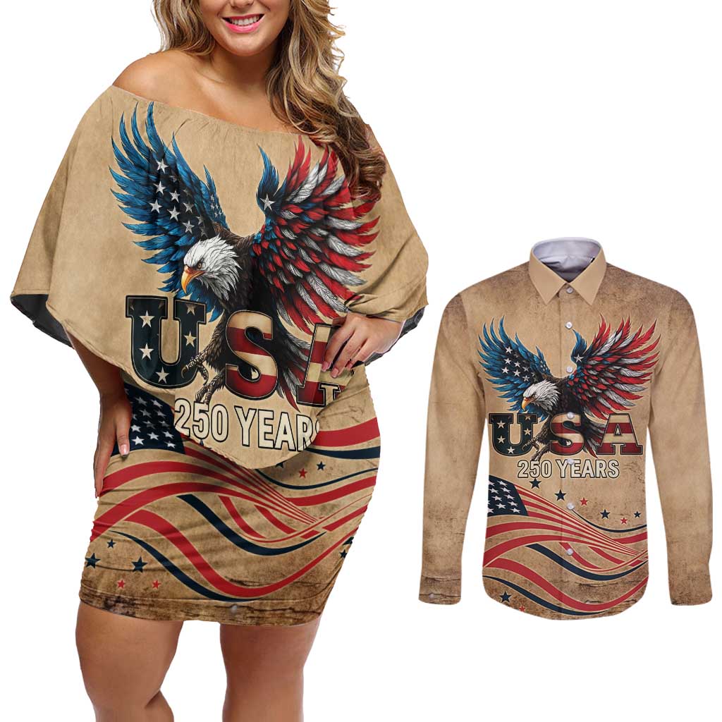 America 250th Anniversary Couples Matching Off Shoulder Short Dress and Long Sleeve Button Shirt Eagle Us Flag July 4Th - Wonder Print Shop