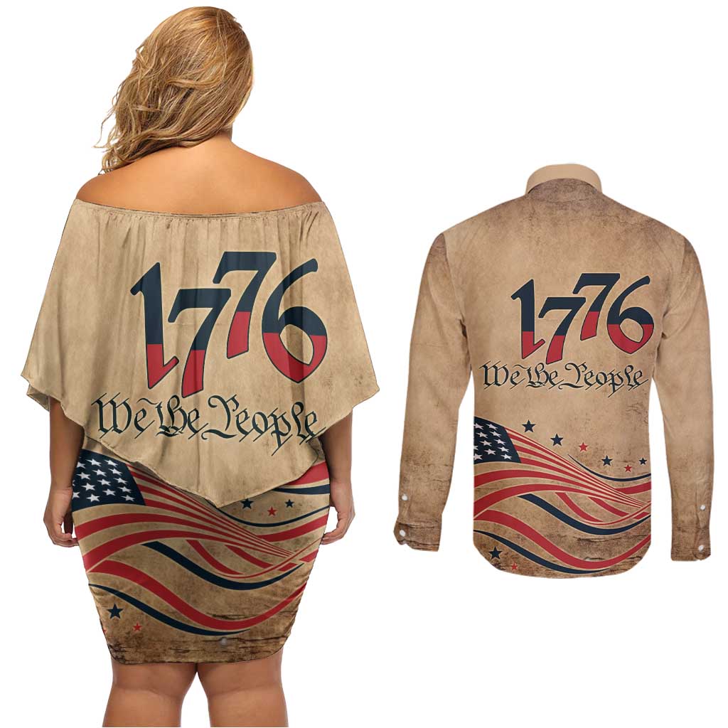 America 250th Anniversary Couples Matching Off Shoulder Short Dress and Long Sleeve Button Shirt Eagle Us Flag July 4Th - Wonder Print Shop