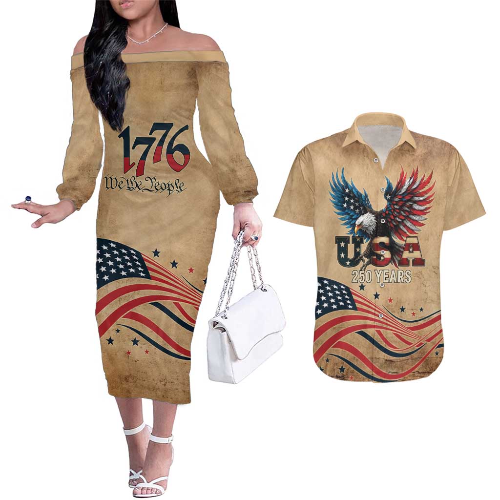 America 250th Anniversary Couples Matching Off The Shoulder Long Sleeve Dress and Hawaiian Shirt Eagle Us Flag July 4Th - Wonder Print Shop