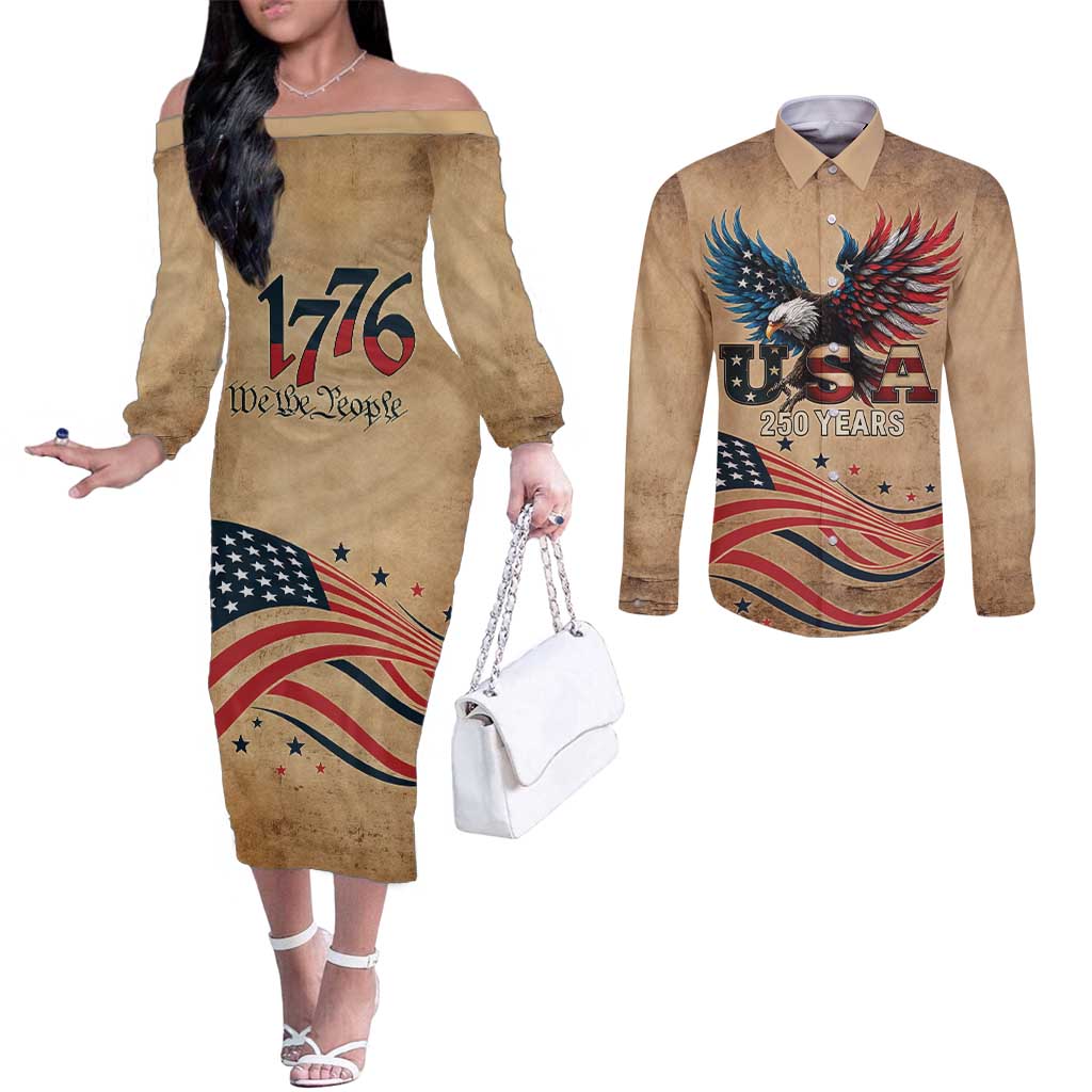 America 250th Anniversary Couples Matching Off The Shoulder Long Sleeve Dress and Long Sleeve Button Shirt Eagle Us Flag July 4Th - Wonder Print Shop