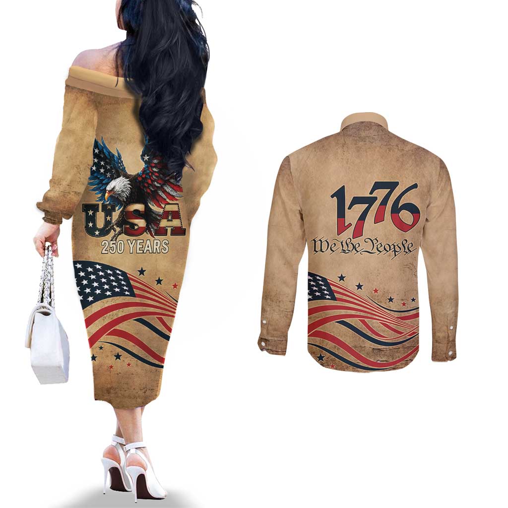 America 250th Anniversary Couples Matching Off The Shoulder Long Sleeve Dress and Long Sleeve Button Shirt Eagle Us Flag July 4Th - Wonder Print Shop
