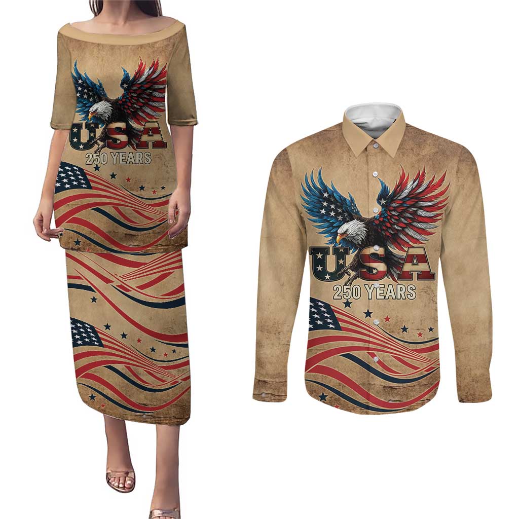 America 250th Anniversary Couples Matching Puletasi and Long Sleeve Button Shirt Eagle Us Flag July 4Th - Wonder Print Shop