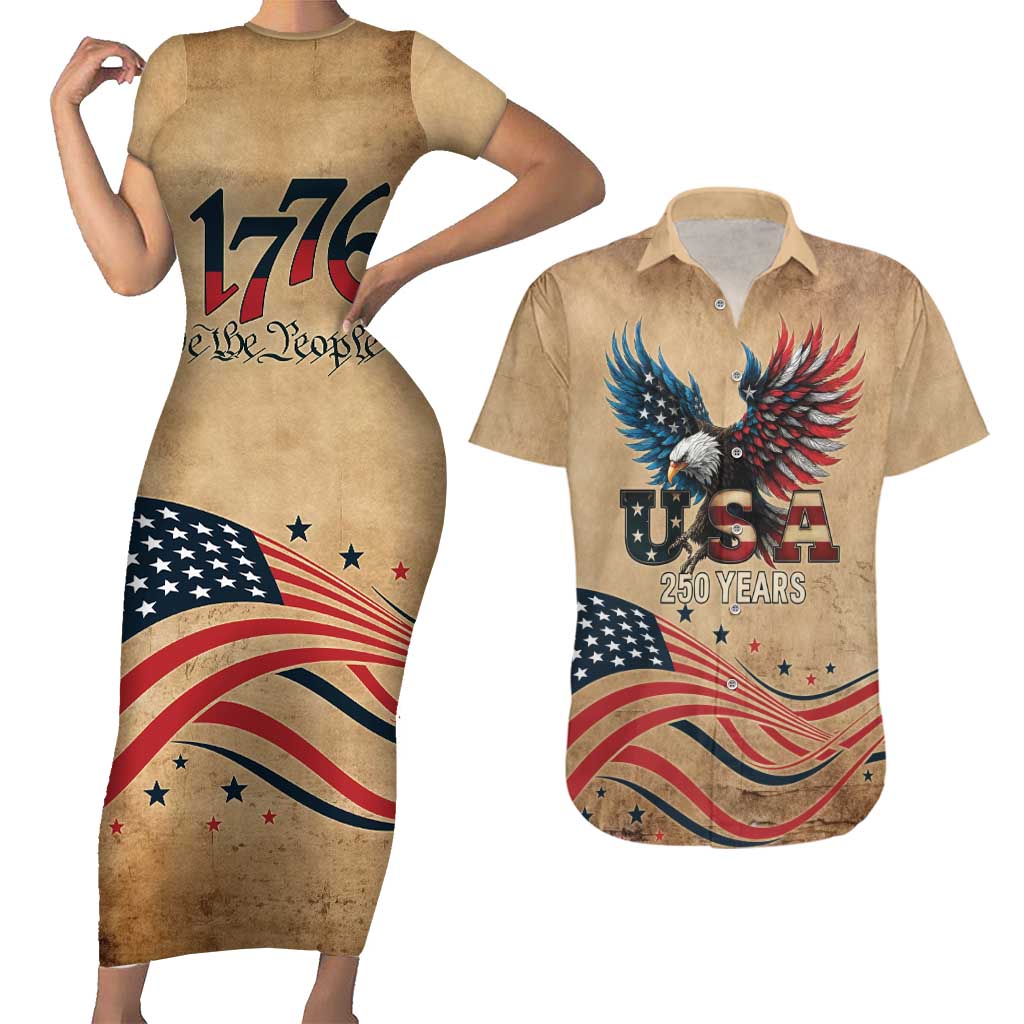 America 250th Anniversary Couples Matching Short Sleeve Bodycon Dress and Hawaiian Shirt Eagle Us Flag July 4Th - Wonder Print Shop