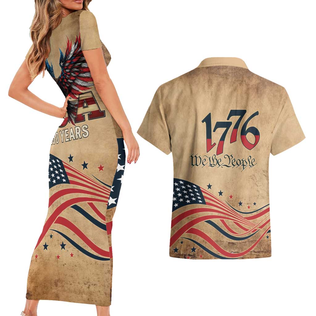 America 250th Anniversary Couples Matching Short Sleeve Bodycon Dress and Hawaiian Shirt Eagle Us Flag July 4Th - Wonder Print Shop