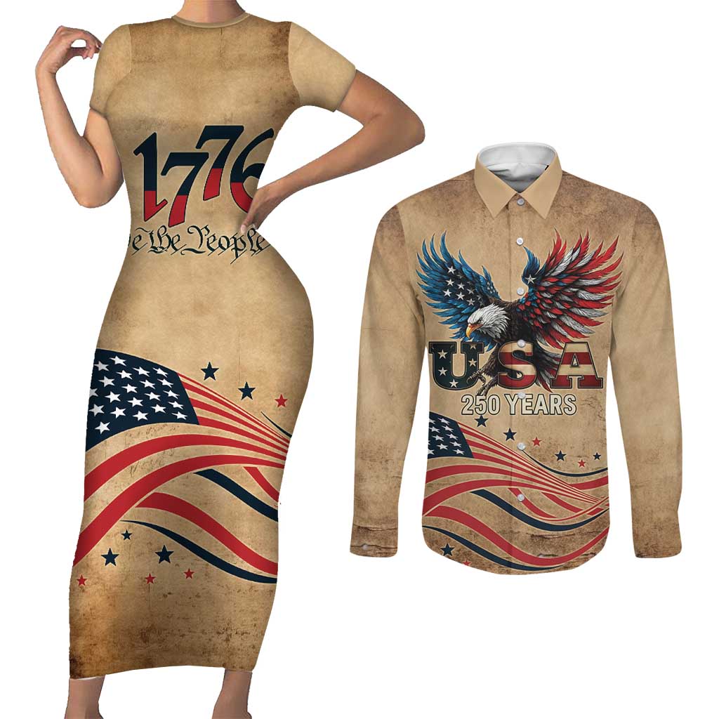 America 250th Anniversary Couples Matching Short Sleeve Bodycon Dress and Long Sleeve Button Shirt Eagle Us Flag July 4Th - Wonder Print Shop