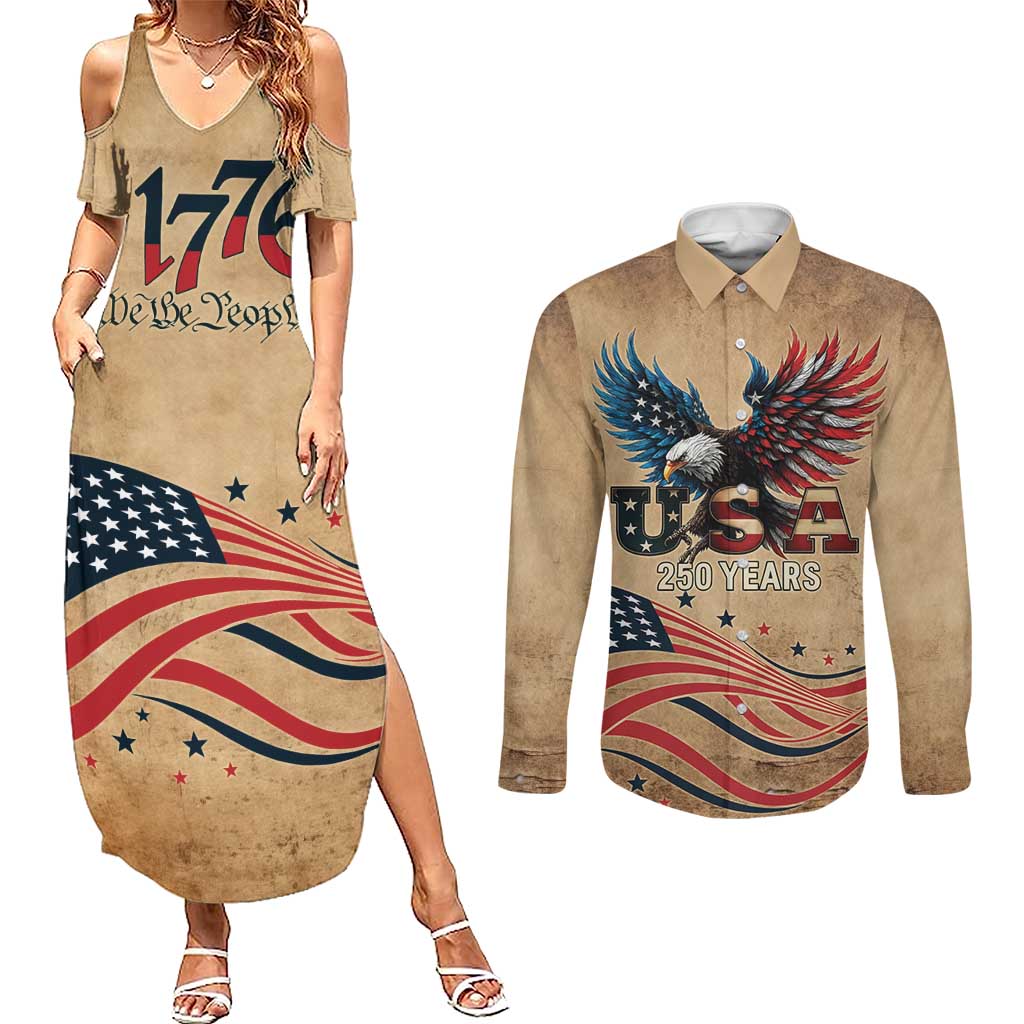 America 250th Anniversary Couples Matching Summer Maxi Dress and Long Sleeve Button Shirt Eagle Us Flag July 4Th - Wonder Print Shop