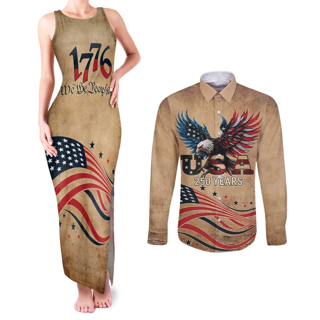 America 250th Anniversary Couples Matching Tank Maxi Dress and Long Sleeve Button Shirt Eagle Us Flag July 4Th - Wonder Print Shop