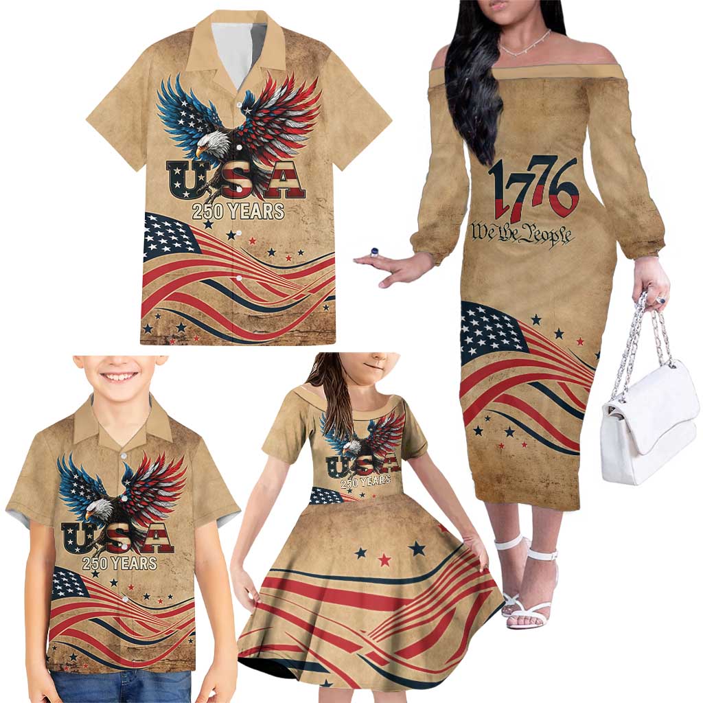 America 250th Anniversary Family Matching Off The Shoulder Long Sleeve Dress and Hawaiian Shirt Eagle Us Flag July 4Th - Wonder Print Shop