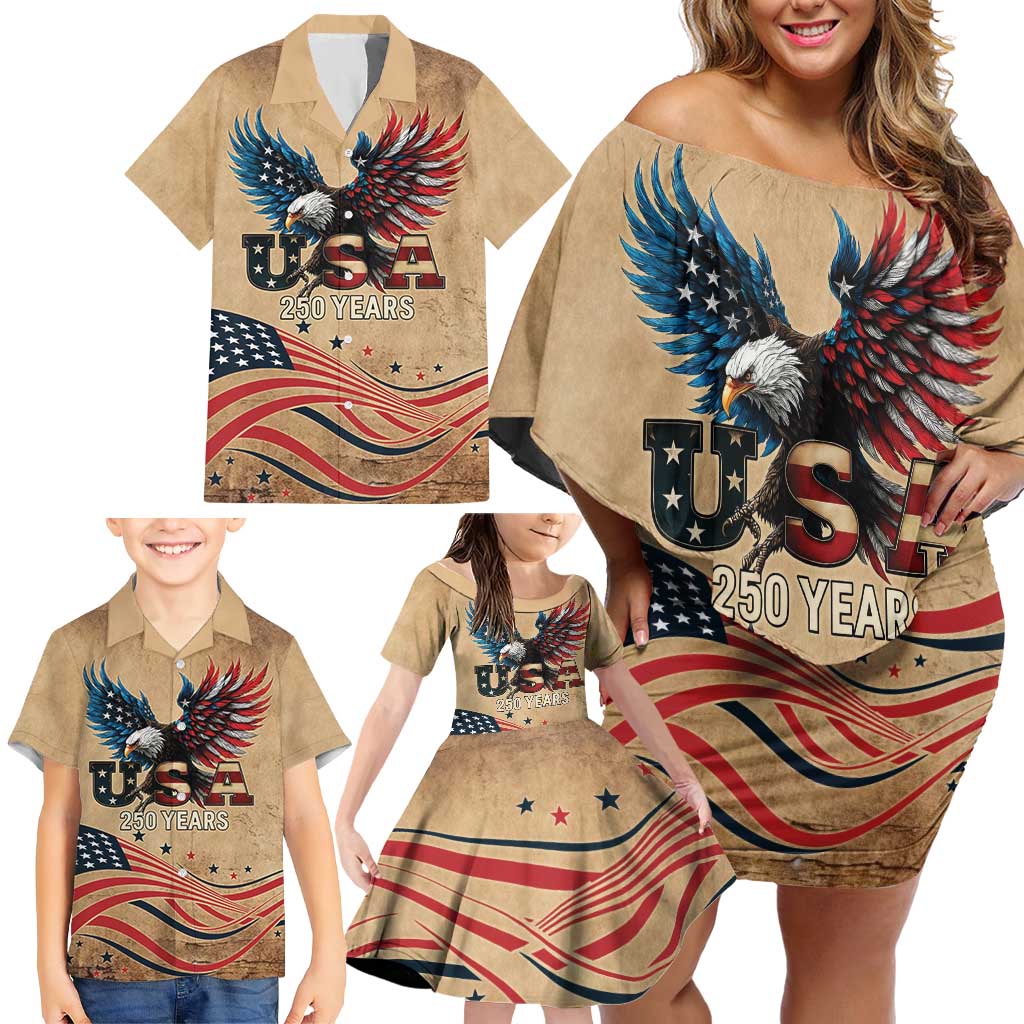 America 250th Anniversary Family Matching Off Shoulder Short Dress and Hawaiian Shirt Eagle Us Flag July 4Th - Wonder Print Shop