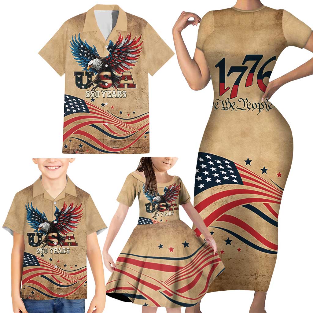 America 250th Anniversary Family Matching Short Sleeve Bodycon Dress and Hawaiian Shirt Eagle Us Flag July 4Th - Wonder Print Shop