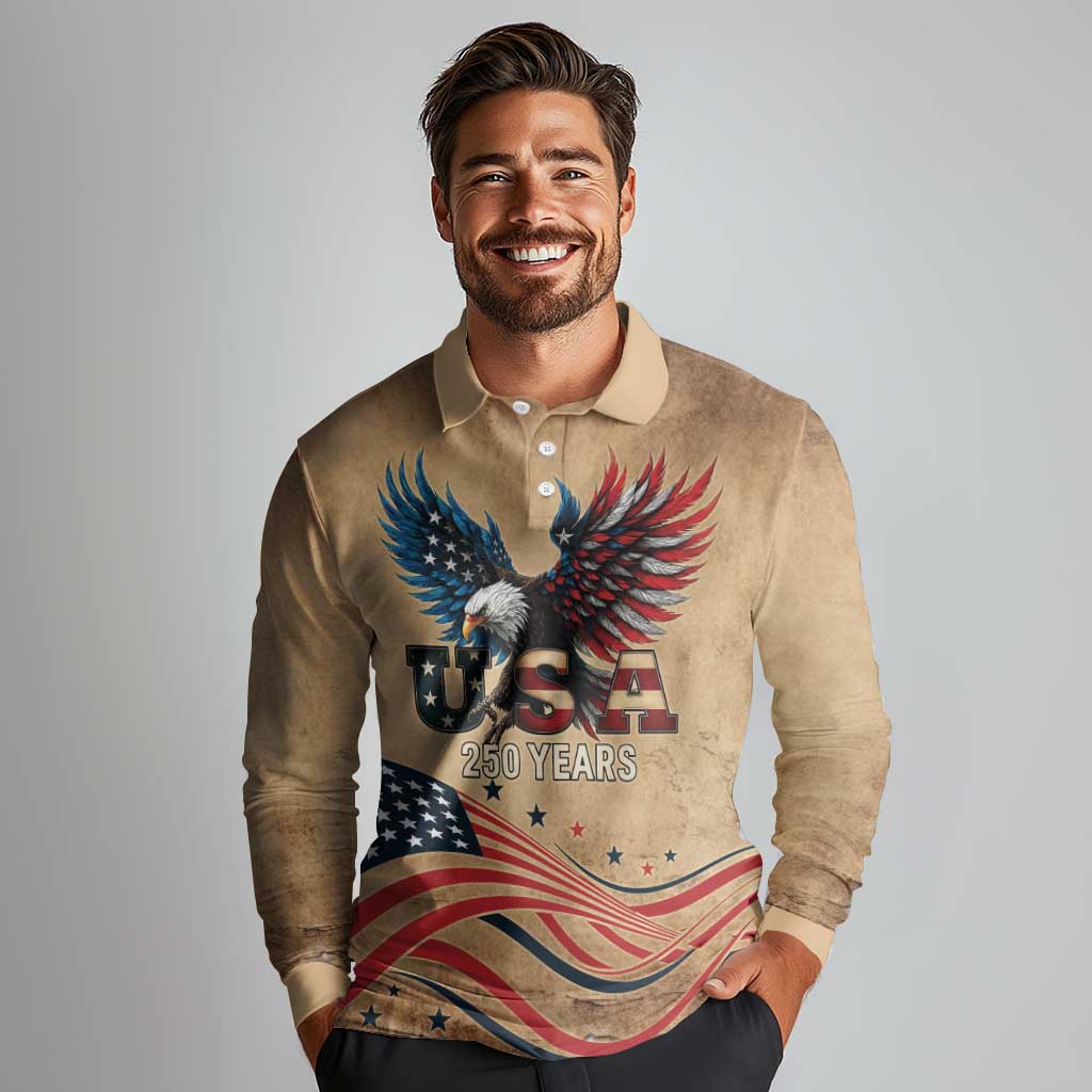 America 250th Anniversary Long Sleeve Polo Shirt Eagle Us Flag July 4Th - Wonder Print Shop