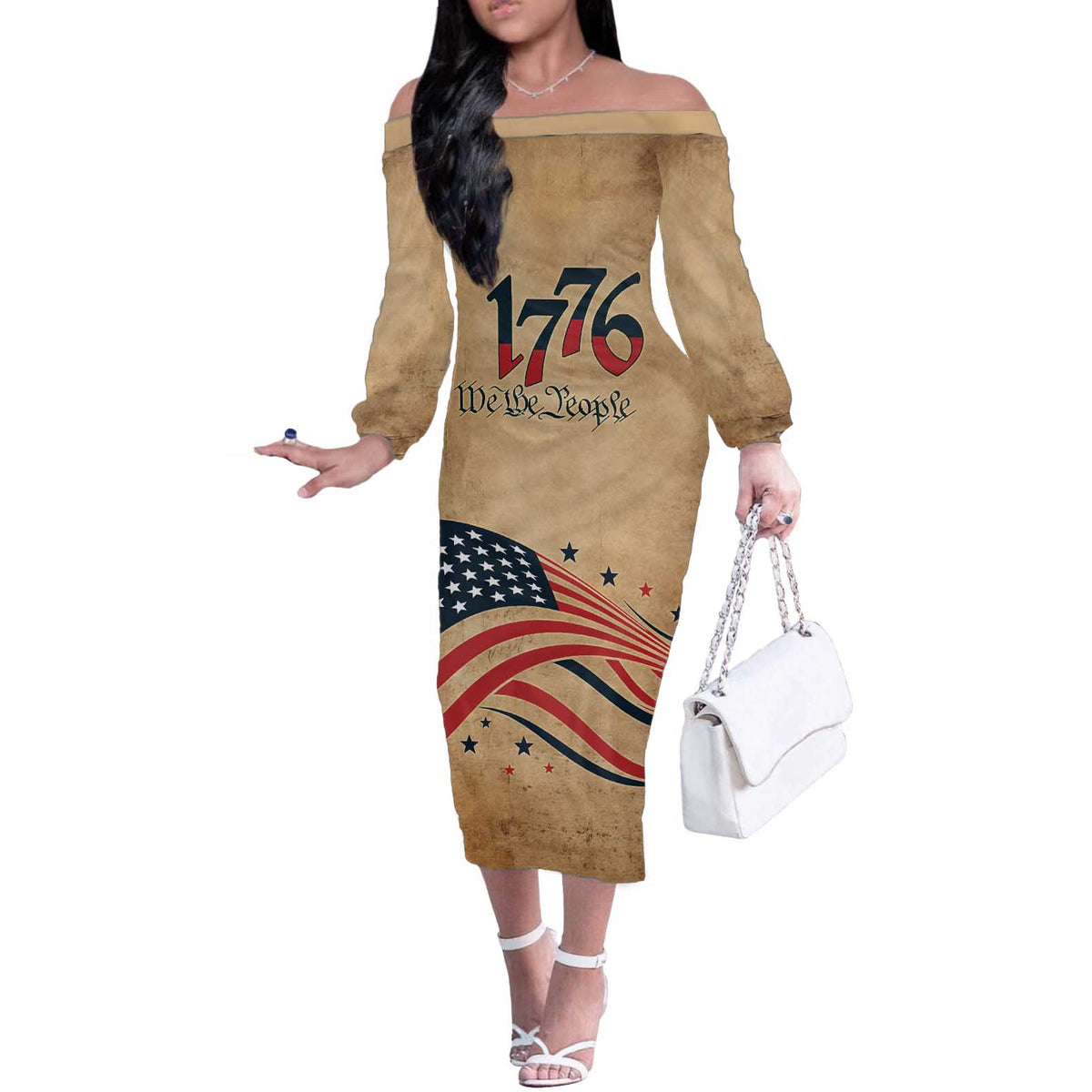 America 250th Anniversary Off The Shoulder Long Sleeve Dress Eagle Us Flag July 4Th - Wonder Print Shop