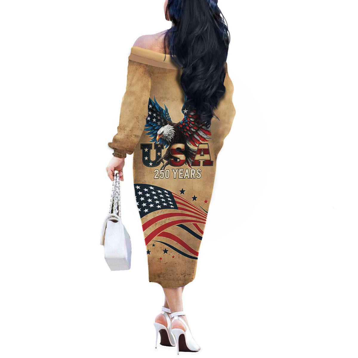 America 250th Anniversary Off The Shoulder Long Sleeve Dress Eagle Us Flag July 4Th - Wonder Print Shop