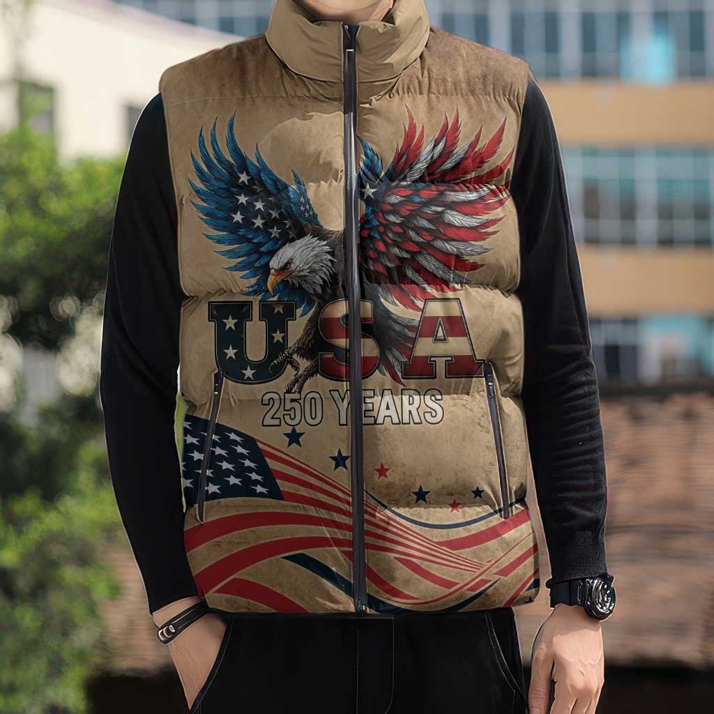 America 250th Anniversary Sleeveless Puffer Jacket Eagle Us Flag July 4Th - Wonder Print Shop