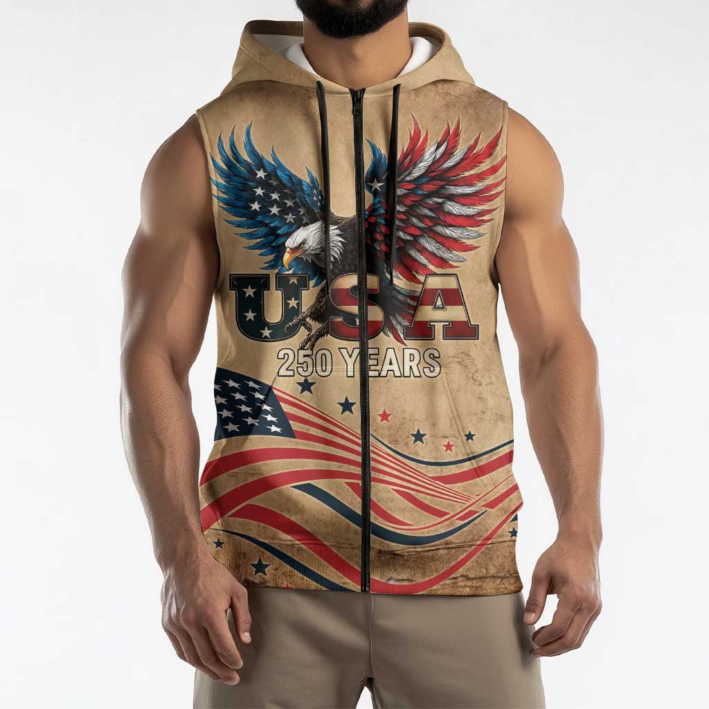 America 250th Anniversary Sleeveless Zip Hoodie Eagle Us Flag July 4Th - Wonder Print Shop