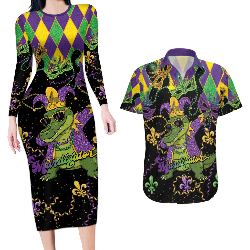 Mardi Gras Alligator Couples Matching Long Sleeve Bodycon Dress and Hawaiian Shirt Mardigator On Tuesdays We Wear Beads - Wonder Print Shop