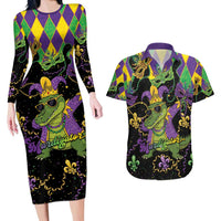 Mardi Gras Alligator Couples Matching Long Sleeve Bodycon Dress and Hawaiian Shirt Mardigator On Tuesdays We Wear Beads - Wonder Print Shop