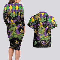 Mardi Gras Alligator Couples Matching Long Sleeve Bodycon Dress and Hawaiian Shirt Mardigator On Tuesdays We Wear Beads - Wonder Print Shop