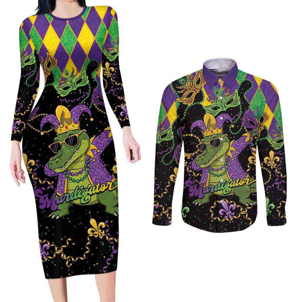 Mardi Gras Alligator Couples Matching Long Sleeve Bodycon Dress and Long Sleeve Button Shirt Mardigator On Tuesdays We Wear Beads - Wonder Print Shop