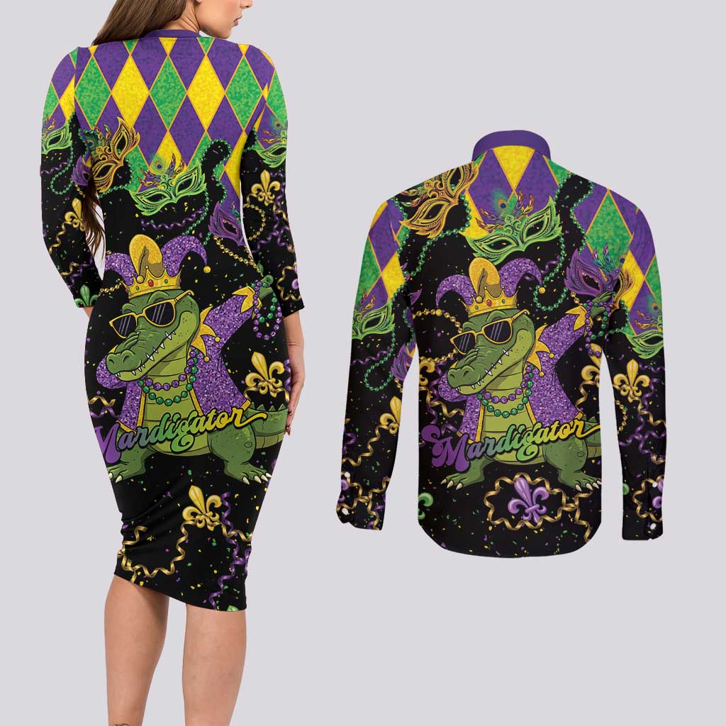 Mardi Gras Alligator Couples Matching Long Sleeve Bodycon Dress and Long Sleeve Button Shirt Mardigator On Tuesdays We Wear Beads - Wonder Print Shop