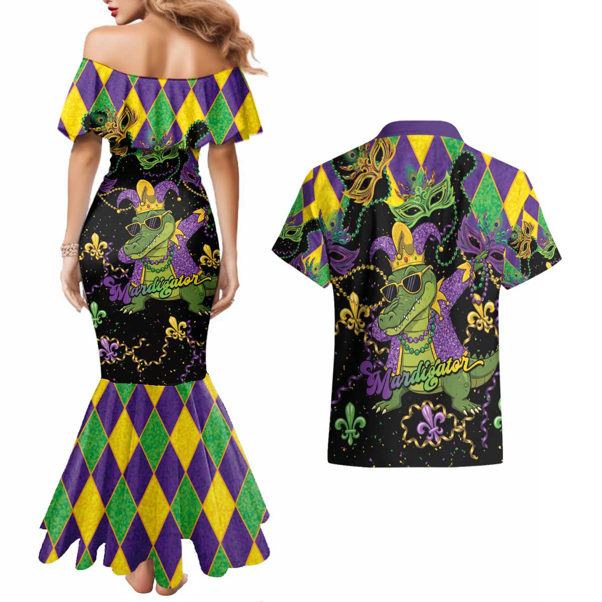 Mardi Gras Alligator Couples Matching Mermaid Dress and Hawaiian Shirt Mardigator On Tuesdays We Wear Beads - Wonder Print Shop
