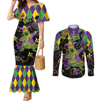 Mardi Gras Alligator Couples Matching Mermaid Dress and Long Sleeve Button Shirt Mardigator On Tuesdays We Wear Beads - Wonder Print Shop