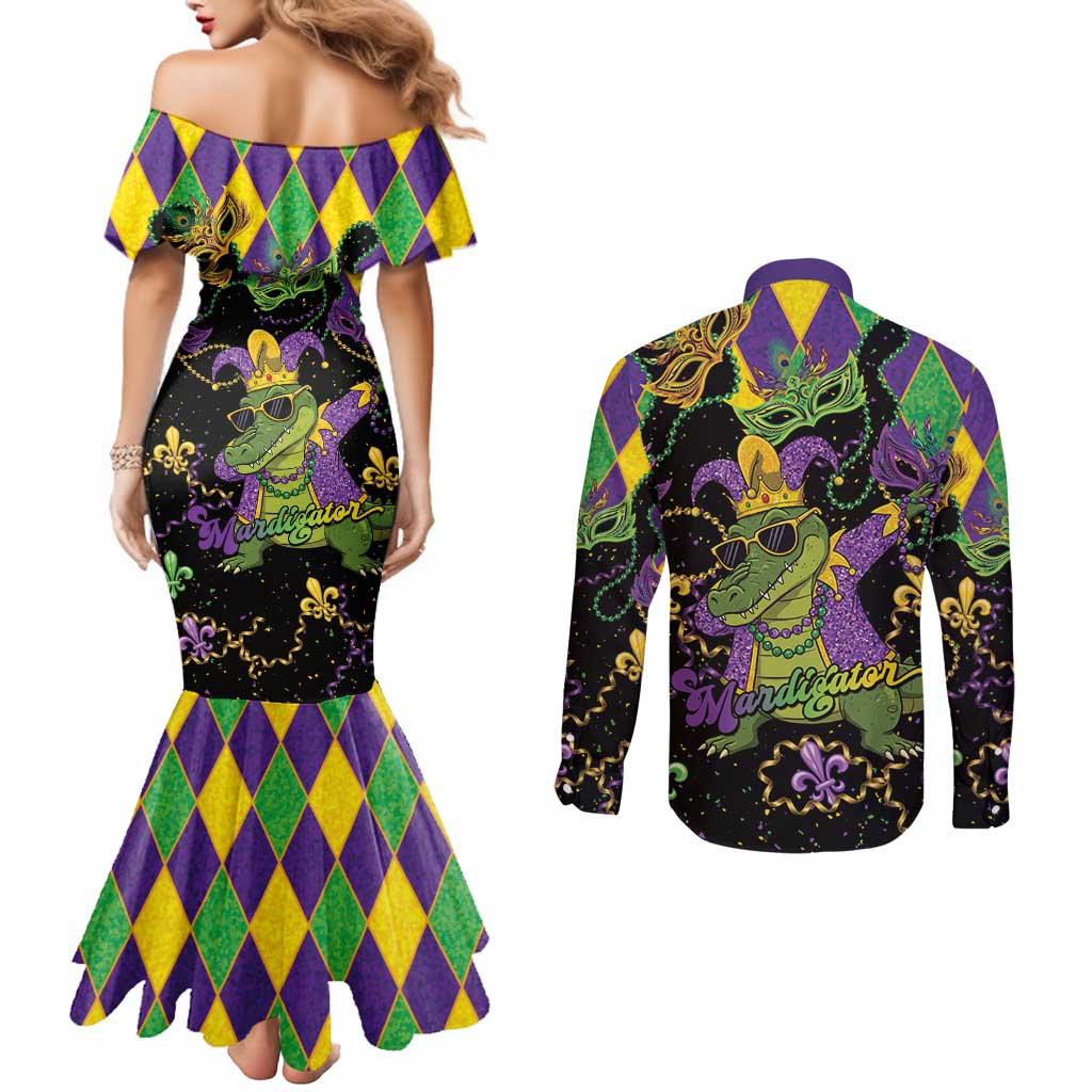 Mardi Gras Alligator Couples Matching Mermaid Dress and Long Sleeve Button Shirt Mardigator On Tuesdays We Wear Beads - Wonder Print Shop