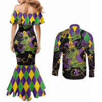 Mardi Gras Alligator Couples Matching Mermaid Dress and Long Sleeve Button Shirt Mardigator On Tuesdays We Wear Beads - Wonder Print Shop