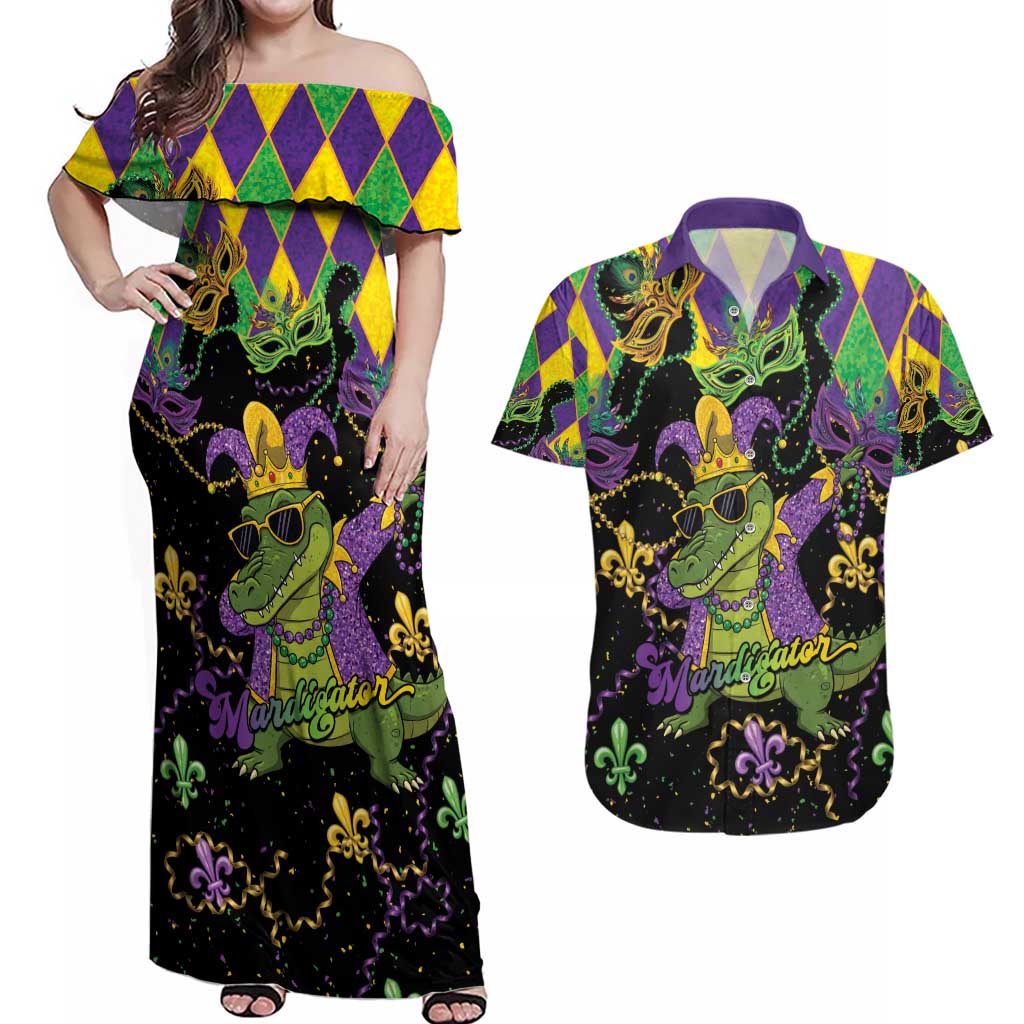 Mardi Gras Alligator Couples Matching Off Shoulder Maxi Dress and Hawaiian Shirt Mardigator On Tuesdays We Wear Beads - Wonder Print Shop