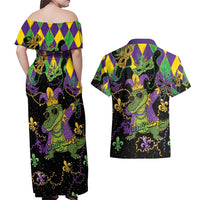 Mardi Gras Alligator Couples Matching Off Shoulder Maxi Dress and Hawaiian Shirt Mardigator On Tuesdays We Wear Beads - Wonder Print Shop