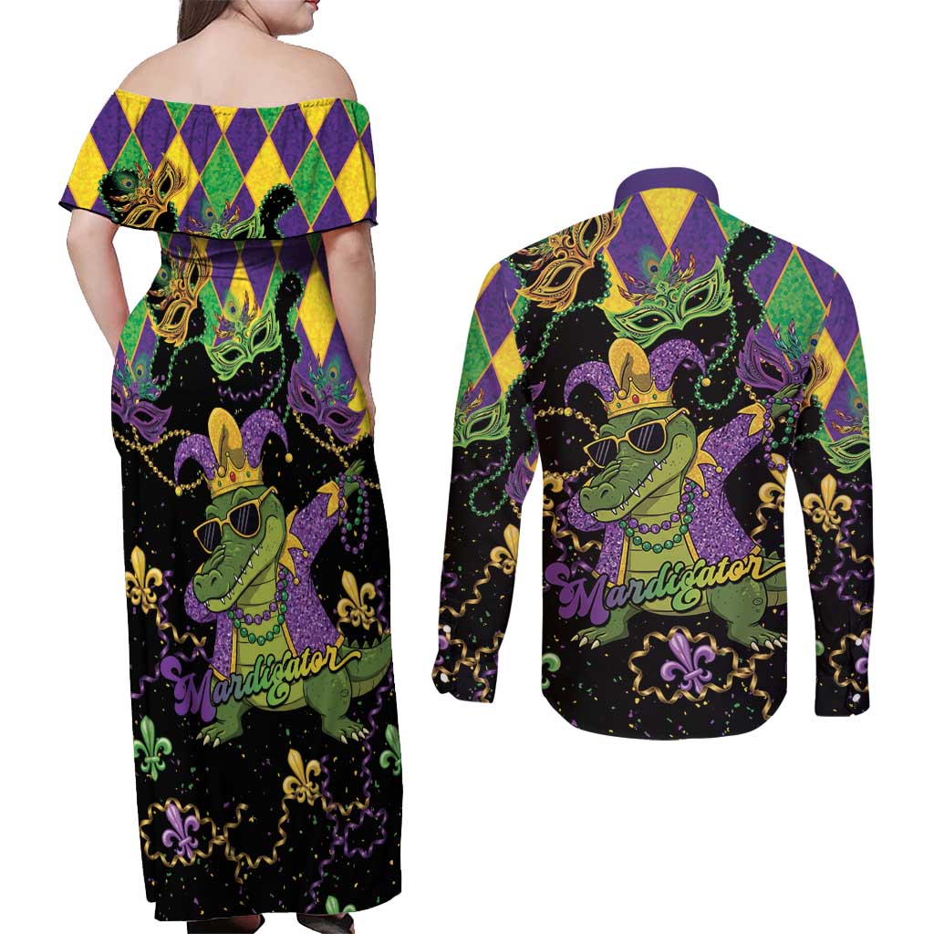 Mardi Gras Alligator Couples Matching Off Shoulder Maxi Dress and Long Sleeve Button Shirt Mardigator On Tuesdays We Wear Beads - Wonder Print Shop