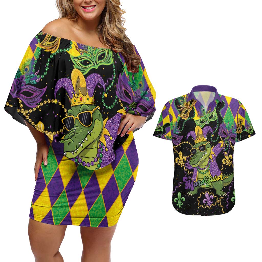 Mardi Gras Alligator Couples Matching Off Shoulder Short Dress and Hawaiian Shirt Mardigator On Tuesdays We Wear Beads - Wonder Print Shop