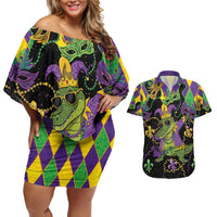 Mardi Gras Alligator Couples Matching Off Shoulder Short Dress and Hawaiian Shirt Mardigator On Tuesdays We Wear Beads - Wonder Print Shop
