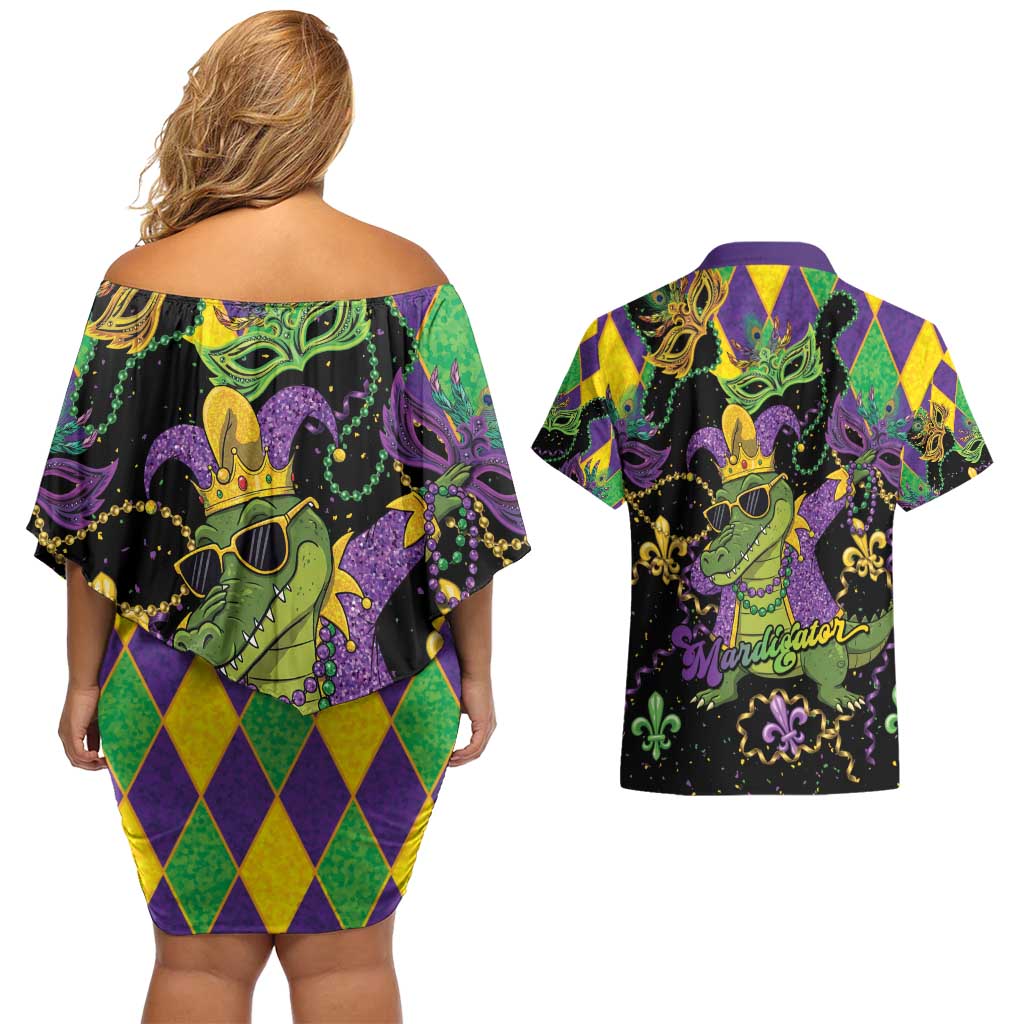 Mardi Gras Alligator Couples Matching Off Shoulder Short Dress and Hawaiian Shirt Mardigator On Tuesdays We Wear Beads - Wonder Print Shop