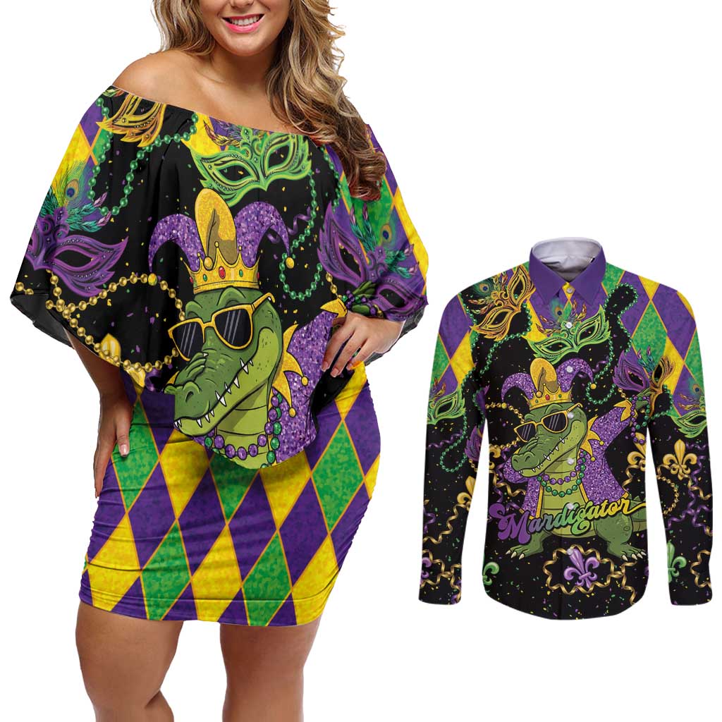 Mardi Gras Alligator Couples Matching Off Shoulder Short Dress and Long Sleeve Button Shirt Mardigator On Tuesdays We Wear Beads - Wonder Print Shop