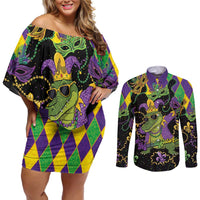Mardi Gras Alligator Couples Matching Off Shoulder Short Dress and Long Sleeve Button Shirt Mardigator On Tuesdays We Wear Beads - Wonder Print Shop