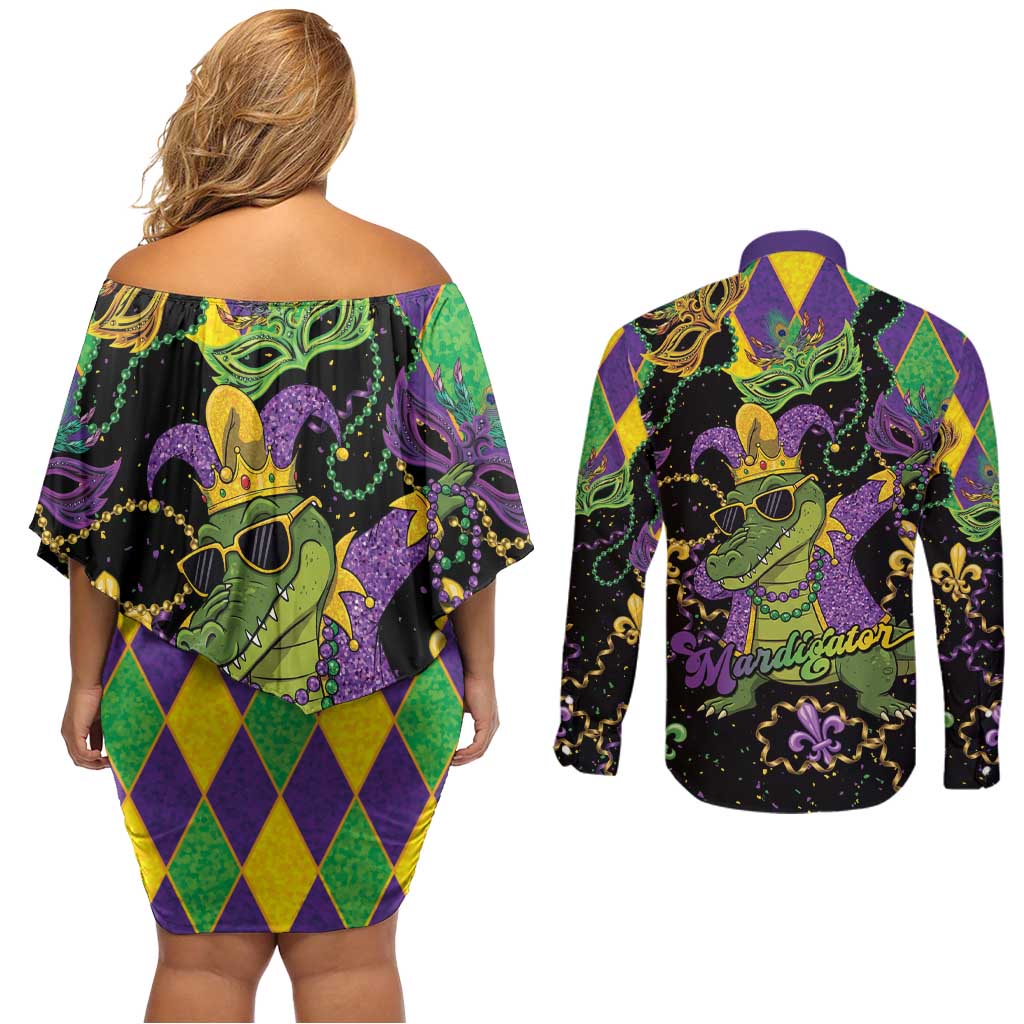 Mardi Gras Alligator Couples Matching Off Shoulder Short Dress and Long Sleeve Button Shirt Mardigator On Tuesdays We Wear Beads - Wonder Print Shop