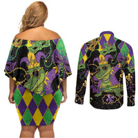 Mardi Gras Alligator Couples Matching Off Shoulder Short Dress and Long Sleeve Button Shirt Mardigator On Tuesdays We Wear Beads - Wonder Print Shop
